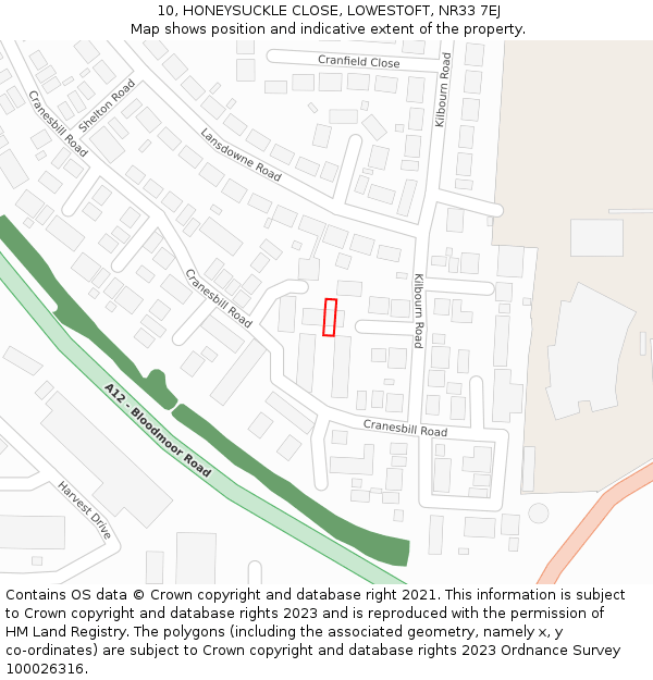 10, HONEYSUCKLE CLOSE, LOWESTOFT, NR33 7EJ: Location map and indicative extent of plot
