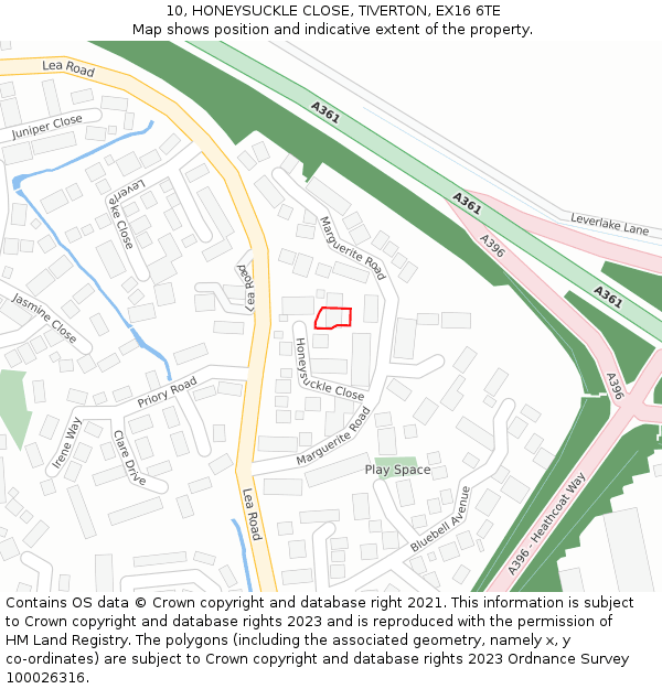 10, HONEYSUCKLE CLOSE, TIVERTON, EX16 6TE: Location map and indicative extent of plot