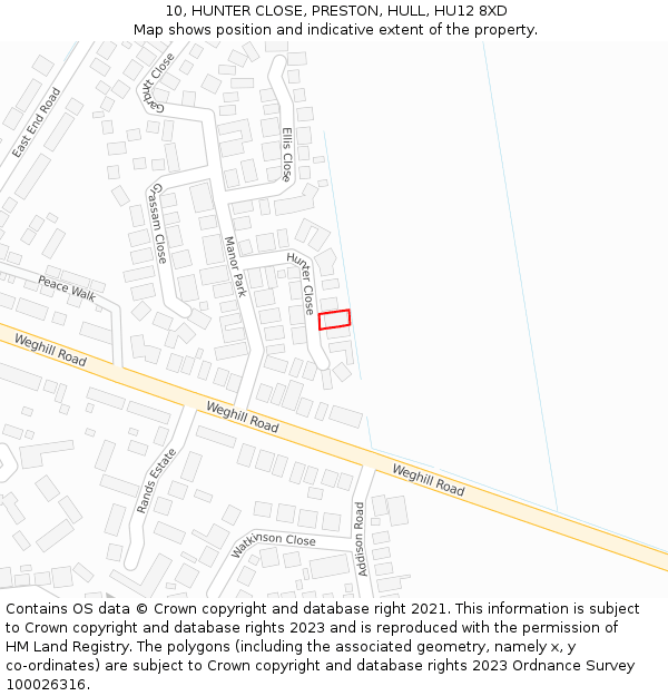 10, HUNTER CLOSE, PRESTON, HULL, HU12 8XD: Location map and indicative extent of plot