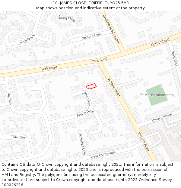 10, JAMES CLOSE, DRIFFIELD, YO25 5AD: Location map and indicative extent of plot