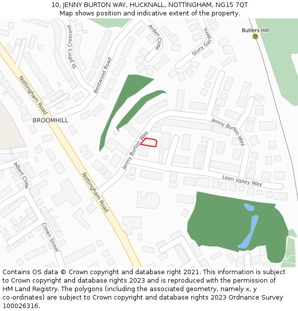 10, JENNY BURTON WAY, HUCKNALL, NOTTINGHAM, NG15 7QT: Location map and indicative extent of plot