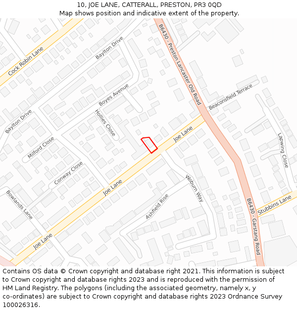 10, JOE LANE, CATTERALL, PRESTON, PR3 0QD: Location map and indicative extent of plot