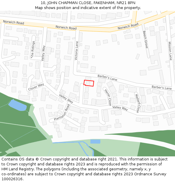 10, JOHN CHAPMAN CLOSE, FAKENHAM, NR21 8PN: Location map and indicative extent of plot
