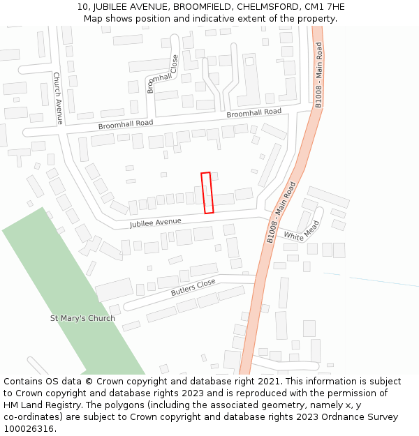 10, JUBILEE AVENUE, BROOMFIELD, CHELMSFORD, CM1 7HE: Location map and indicative extent of plot