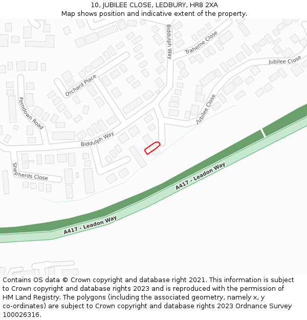 10, JUBILEE CLOSE, LEDBURY, HR8 2XA: Location map and indicative extent of plot
