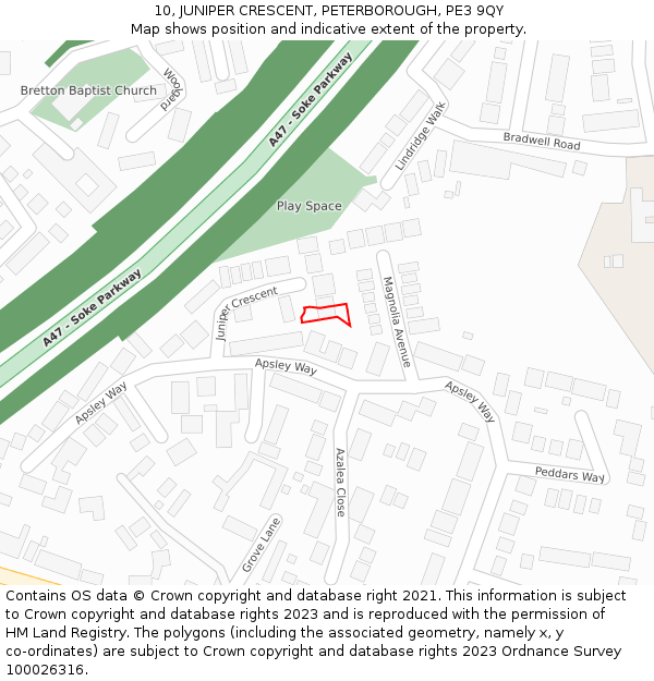 10, JUNIPER CRESCENT, PETERBOROUGH, PE3 9QY: Location map and indicative extent of plot