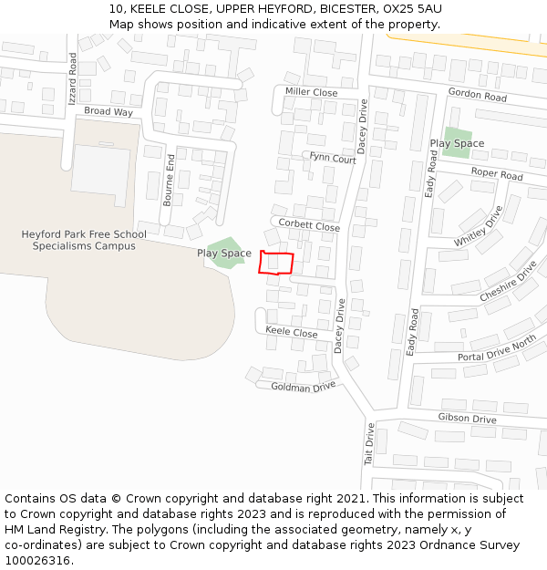 10, KEELE CLOSE, UPPER HEYFORD, BICESTER, OX25 5AU: Location map and indicative extent of plot