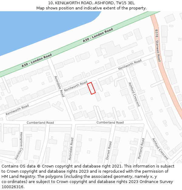 10, KENILWORTH ROAD, ASHFORD, TW15 3EL: Location map and indicative extent of plot