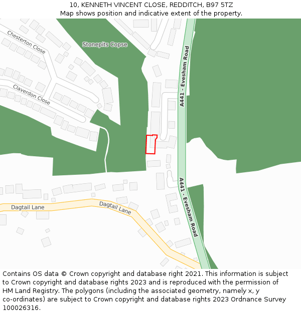 10, KENNETH VINCENT CLOSE, REDDITCH, B97 5TZ: Location map and indicative extent of plot