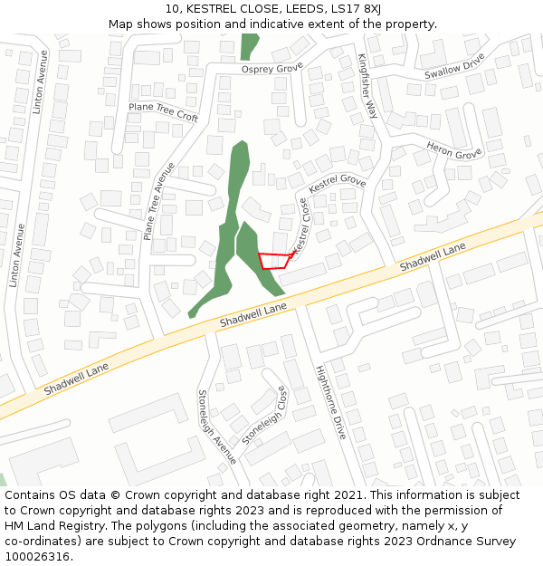 10, KESTREL CLOSE, LEEDS, LS17 8XJ: Location map and indicative extent of plot