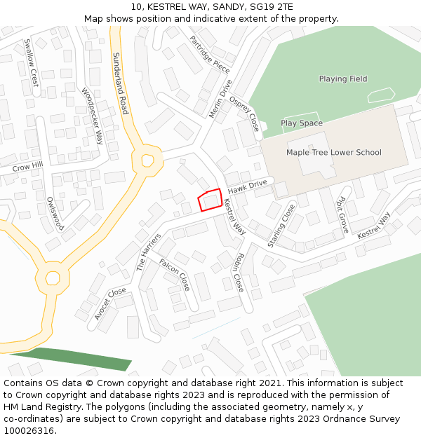 10, KESTREL WAY, SANDY, SG19 2TE: Location map and indicative extent of plot