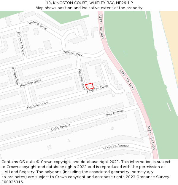 10, KINGSTON COURT, WHITLEY BAY, NE26 1JP: Location map and indicative extent of plot