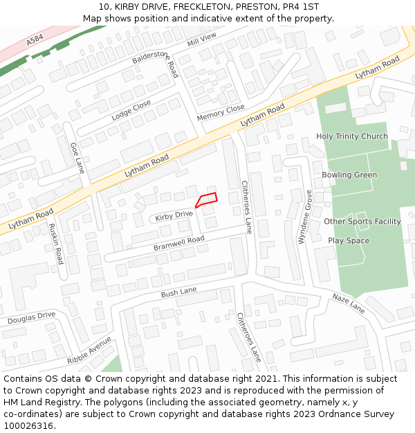 10, KIRBY DRIVE, FRECKLETON, PRESTON, PR4 1ST: Location map and indicative extent of plot