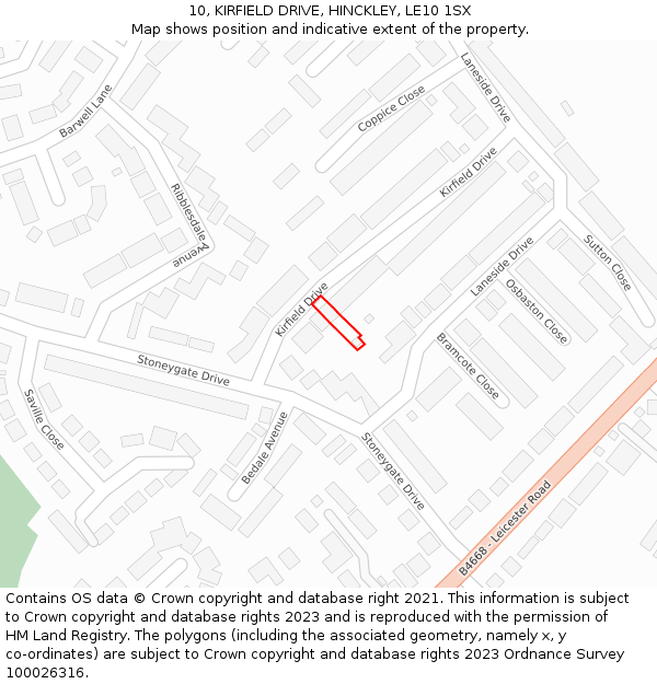 10, KIRFIELD DRIVE, HINCKLEY, LE10 1SX: Location map and indicative extent of plot