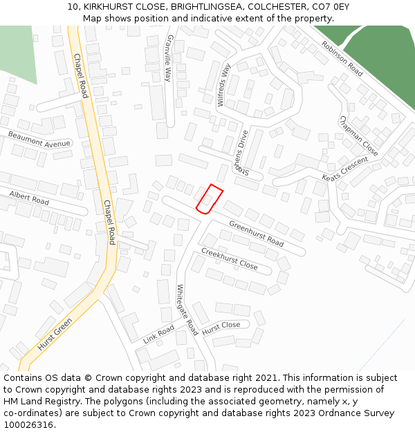 10, KIRKHURST CLOSE, BRIGHTLINGSEA, COLCHESTER, CO7 0EY: Location map and indicative extent of plot
