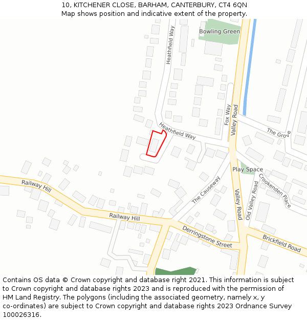 10, KITCHENER CLOSE, BARHAM, CANTERBURY, CT4 6QN: Location map and indicative extent of plot
