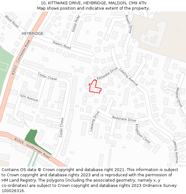 10, KITTIWAKE DRIVE, HEYBRIDGE, MALDON, CM9 4TN: Location map and indicative extent of plot