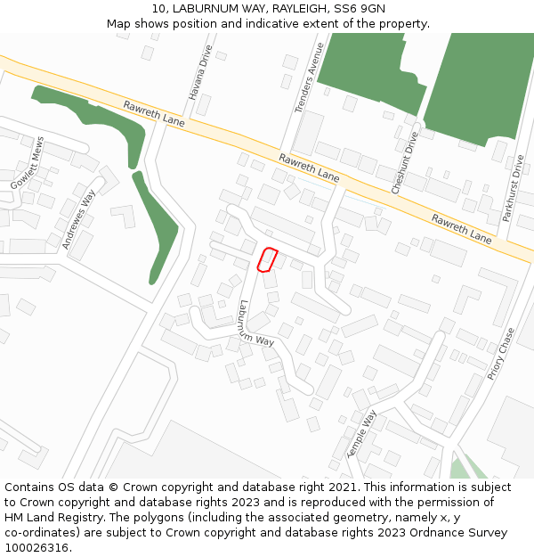 10, LABURNUM WAY, RAYLEIGH, SS6 9GN: Location map and indicative extent of plot