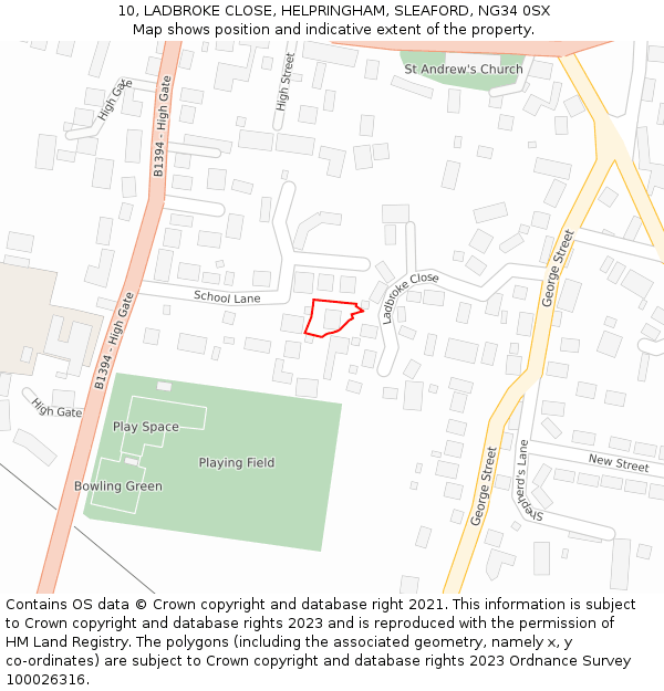 10, LADBROKE CLOSE, HELPRINGHAM, SLEAFORD, NG34 0SX: Location map and indicative extent of plot