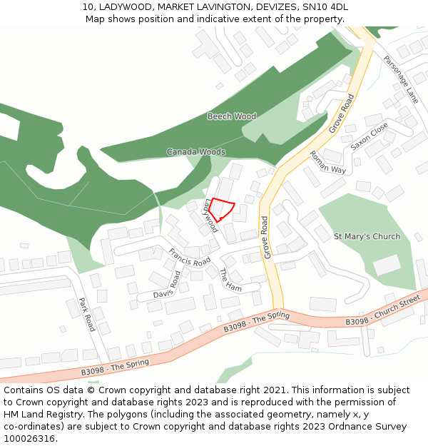10, LADYWOOD, MARKET LAVINGTON, DEVIZES, SN10 4DL: Location map and indicative extent of plot