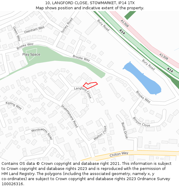10, LANGFORD CLOSE, STOWMARKET, IP14 1TX: Location map and indicative extent of plot