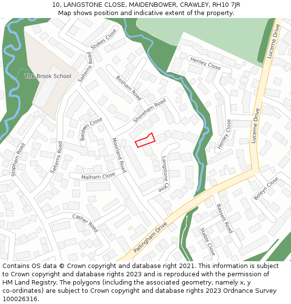 10, LANGSTONE CLOSE, MAIDENBOWER, CRAWLEY, RH10 7JR: Location map and indicative extent of plot