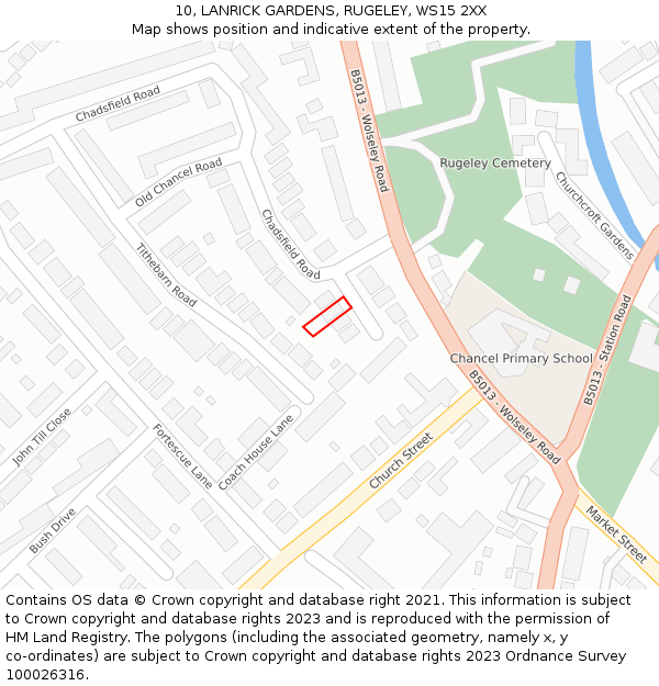 10, LANRICK GARDENS, RUGELEY, WS15 2XX: Location map and indicative extent of plot