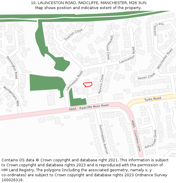 10, LAUNCESTON ROAD, RADCLIFFE, MANCHESTER, M26 3UN: Location map and indicative extent of plot