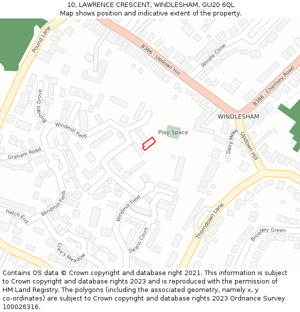 10, LAWRENCE CRESCENT, WINDLESHAM, GU20 6QL: Location map and indicative extent of plot