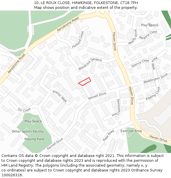 10, LE ROUX CLOSE, HAWKINGE, FOLKESTONE, CT18 7PH: Location map and indicative extent of plot