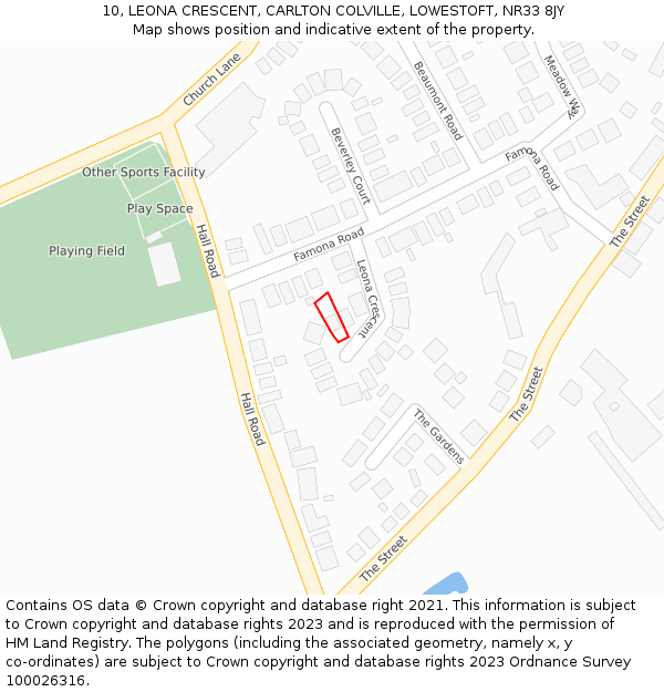 10, LEONA CRESCENT, CARLTON COLVILLE, LOWESTOFT, NR33 8JY: Location map and indicative extent of plot