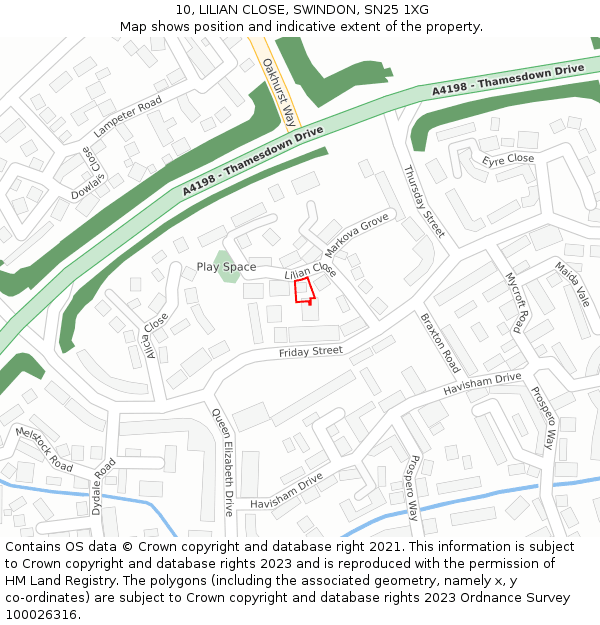 10, LILIAN CLOSE, SWINDON, SN25 1XG: Location map and indicative extent of plot