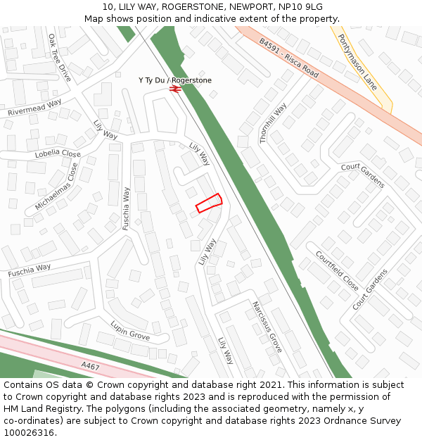 10, LILY WAY, ROGERSTONE, NEWPORT, NP10 9LG: Location map and indicative extent of plot
