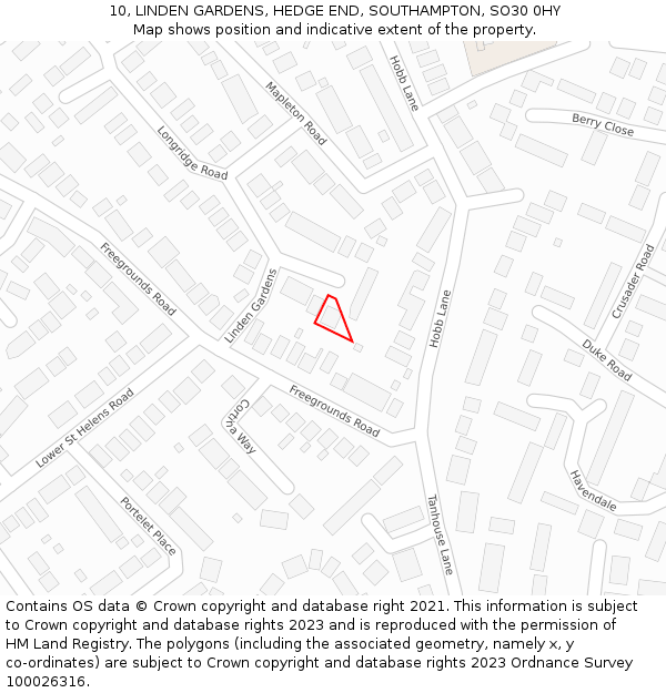 10, LINDEN GARDENS, HEDGE END, SOUTHAMPTON, SO30 0HY: Location map and indicative extent of plot
