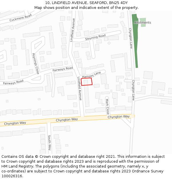 10, LINDFIELD AVENUE, SEAFORD, BN25 4DY: Location map and indicative extent of plot