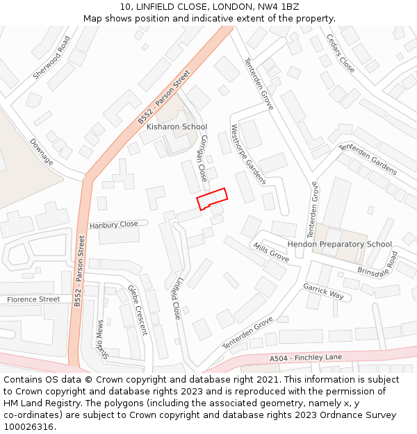 10, LINFIELD CLOSE, LONDON, NW4 1BZ: Location map and indicative extent of plot