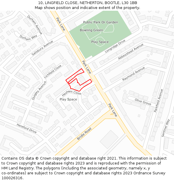 10, LINGFIELD CLOSE, NETHERTON, BOOTLE, L30 1BB: Location map and indicative extent of plot