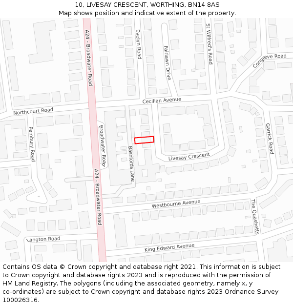 10, LIVESAY CRESCENT, WORTHING, BN14 8AS: Location map and indicative extent of plot