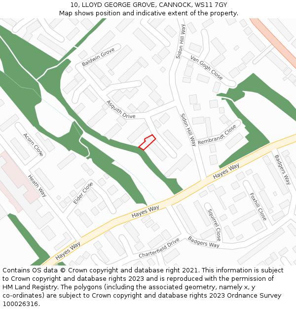 10, LLOYD GEORGE GROVE, CANNOCK, WS11 7GY: Location map and indicative extent of plot