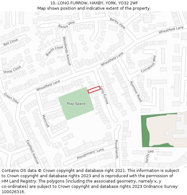 10, LONG FURROW, HAXBY, YORK, YO32 2WF: Location map and indicative extent of plot