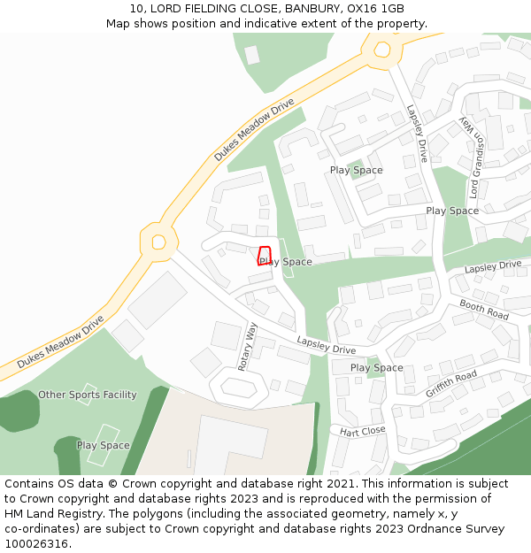 10, LORD FIELDING CLOSE, BANBURY, OX16 1GB: Location map and indicative extent of plot