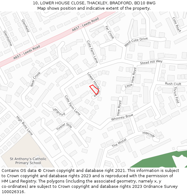 10, LOWER HOUSE CLOSE, THACKLEY, BRADFORD, BD10 8WG: Location map and indicative extent of plot
