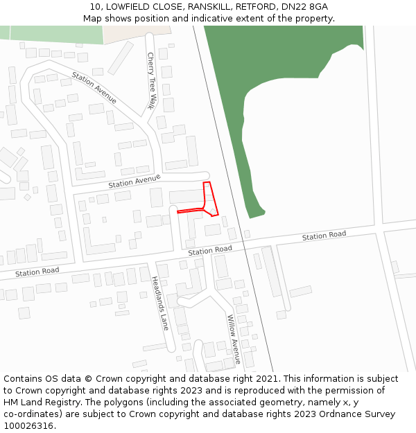 10, LOWFIELD CLOSE, RANSKILL, RETFORD, DN22 8GA: Location map and indicative extent of plot