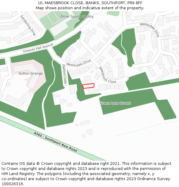 10, MAESBROOK CLOSE, BANKS, SOUTHPORT, PR9 8FF: Location map and indicative extent of plot