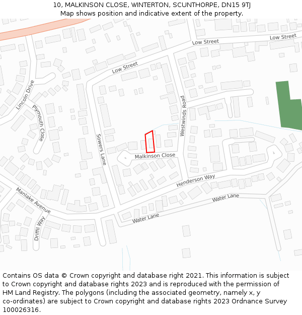 10, MALKINSON CLOSE, WINTERTON, SCUNTHORPE, DN15 9TJ: Location map and indicative extent of plot