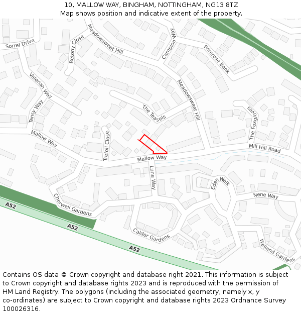 10, MALLOW WAY, BINGHAM, NOTTINGHAM, NG13 8TZ: Location map and indicative extent of plot