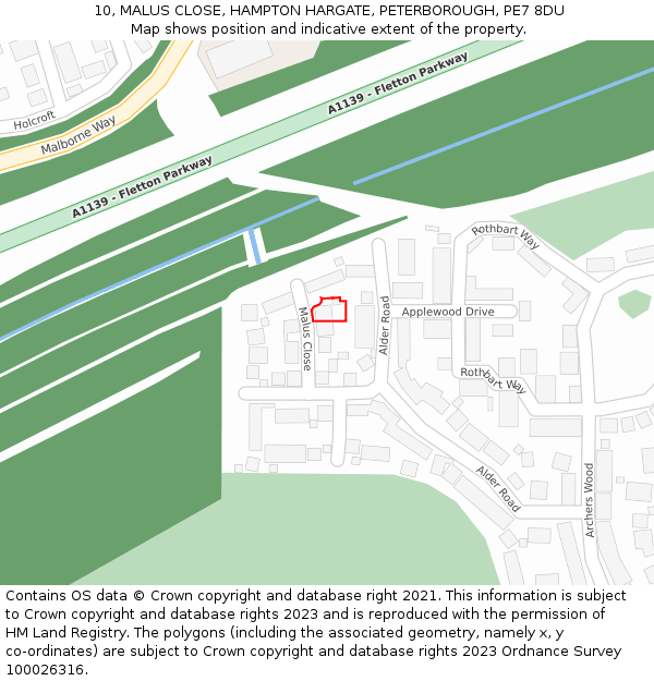 10, MALUS CLOSE, HAMPTON HARGATE, PETERBOROUGH, PE7 8DU: Location map and indicative extent of plot