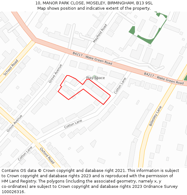 10, MANOR PARK CLOSE, MOSELEY, BIRMINGHAM, B13 9SL: Location map and indicative extent of plot