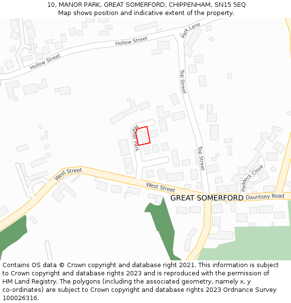10, MANOR PARK, GREAT SOMERFORD, CHIPPENHAM, SN15 5EQ: Location map and indicative extent of plot