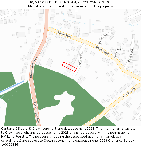 10, MANORSIDE, DERSINGHAM, KING'S LYNN, PE31 6LE: Location map and indicative extent of plot
